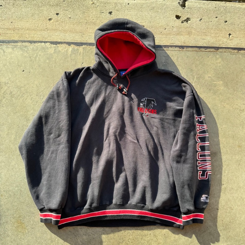 Vintage Starter NFL Atlanta Falcons Hoodie Black Red Embroidered Mens XL